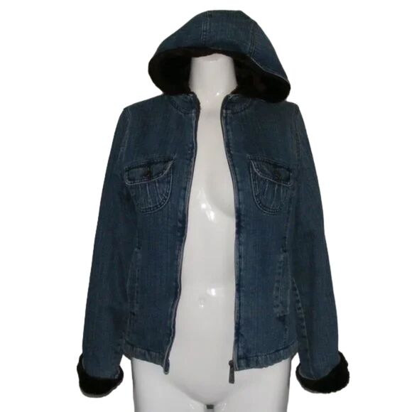 Vintage LEE Hooded Denim Coat, YL, Blue, Brown Fuzzy lining, Zipper, Pockets - Picture 9 of 15